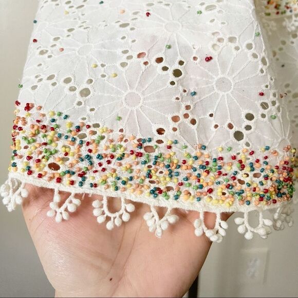 Farm Rio White Eyelet Beaded Ruffle Mini Dress NWOT XS - Picture 5 of 11